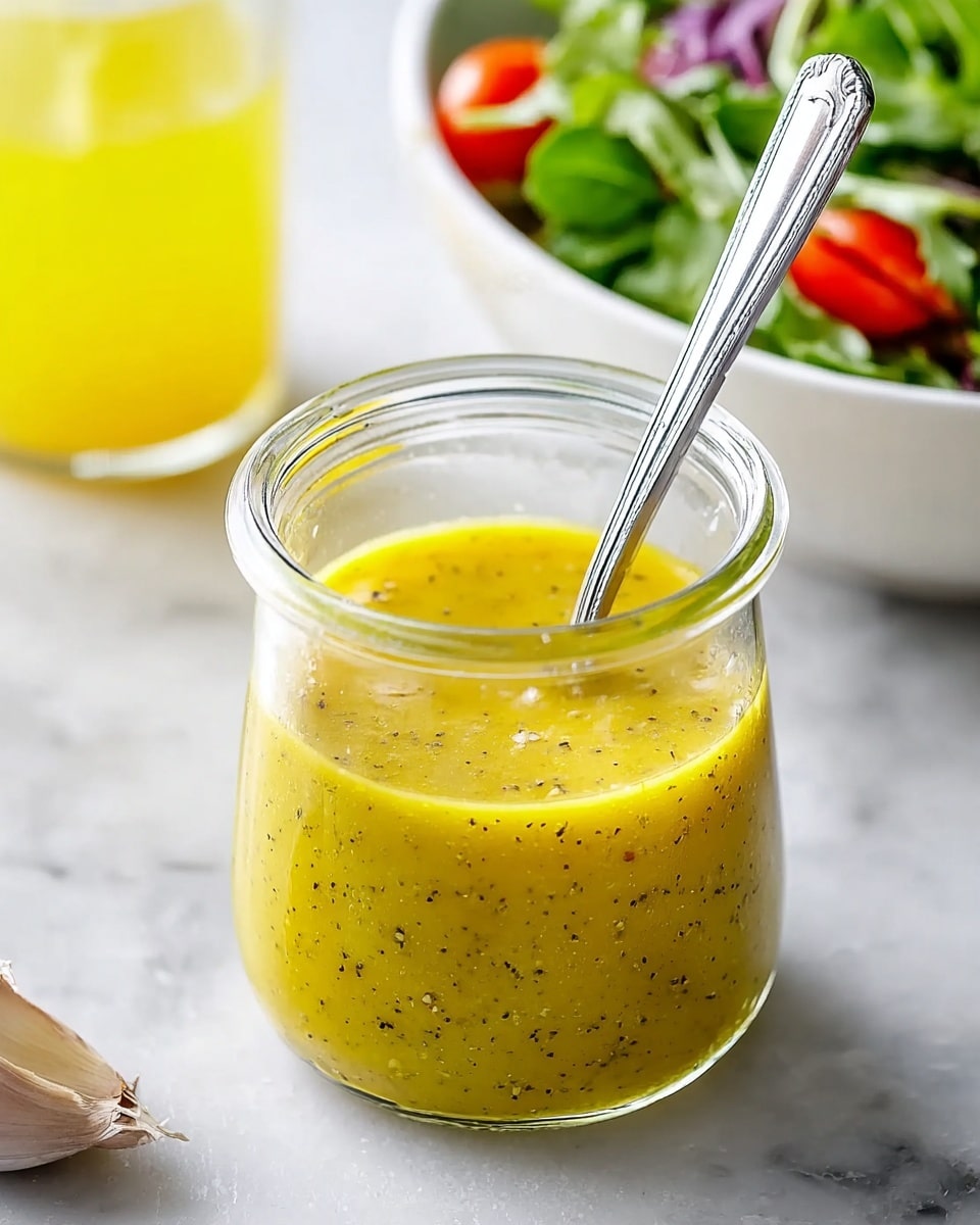 The image shows a clear glass jar nearly half-filled with a thick, bright yellow sauce that has tiny black specks throughout, indicating spices or seasoning. The jar has a rounded body that tapers slightly at the neck, creating a soft curve. A silver spoon stands upright inside the jar, reflecting light and slightly covered with the sauce. The background features a blurred bowl filled with green and white vegetables, placed on a white marbled surface, adding freshness to the scene. A small portion of a yellow lemon is visible in the background on the right side. photo taken with an iphone --ar 4:5 --v 7