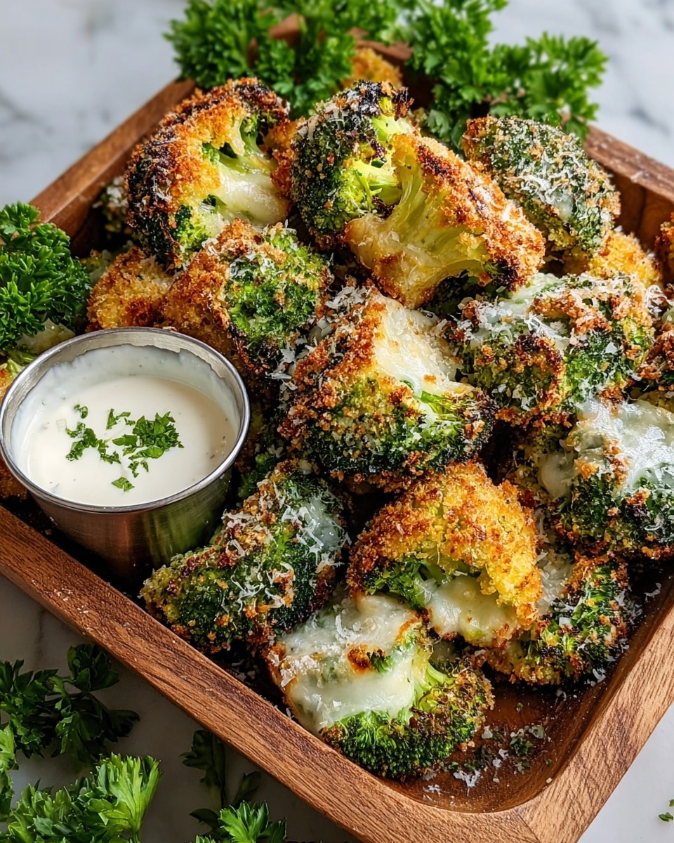 The image shows a wooden tray filled with crispy broccoli florets that are golden brown with a crunchy breaded layer, and melted cheese oozing over the bright green tops of the broccoli. The broccoli pieces look well cooked and slightly charred at the edges, with a sprinkle of grated cheese on top. A small white metallic cup with creamy white dipping sauce, garnished with a small green herb, sits in the back corner of the tray. Fresh green parsley leaves are placed behind the broccoli for decoration. The whole setup is on a white marbled surface. photo taken with an iphone --ar 4:5 --v 7