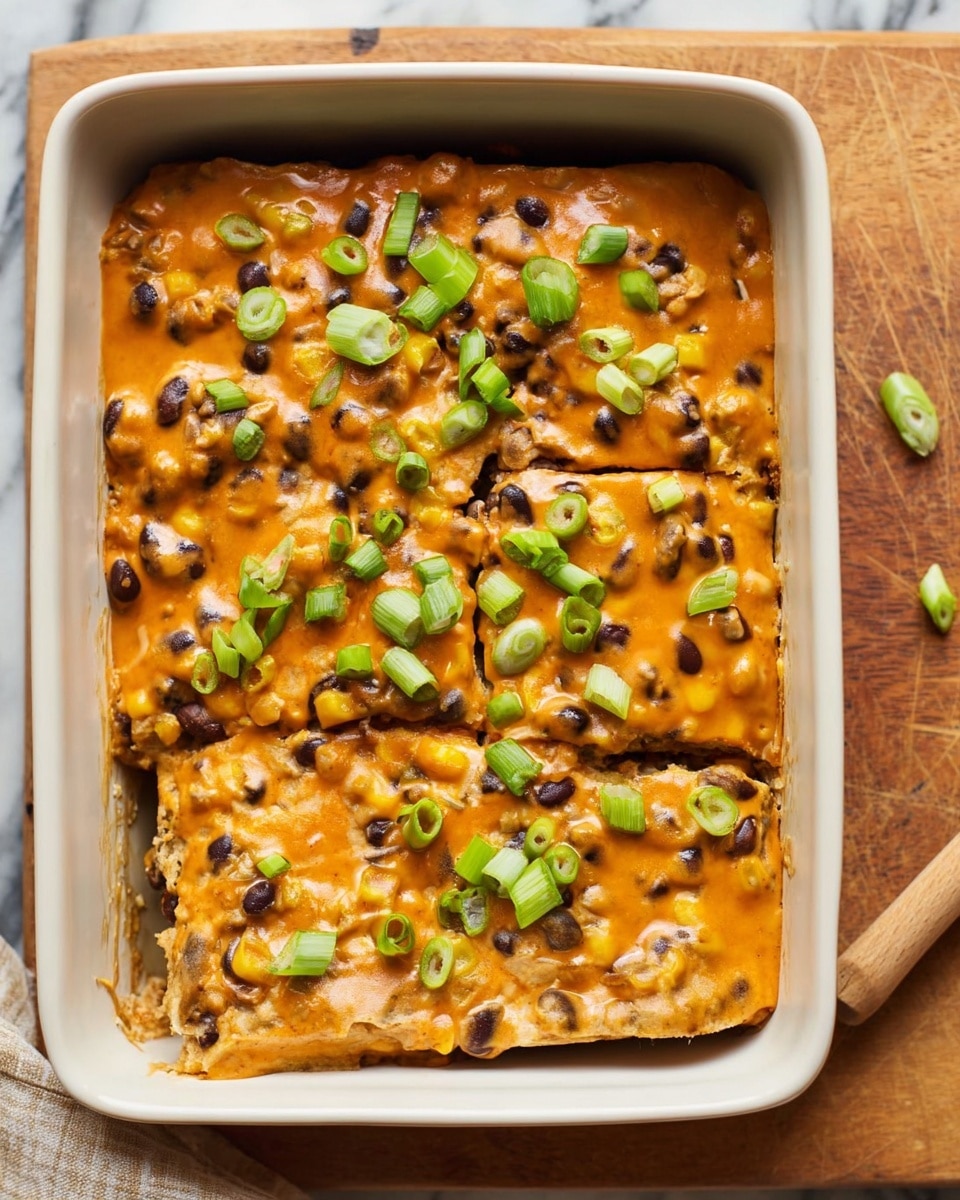 A white rectangular baking dish filled with a baked casserole. The casserole has a top layer of smooth, creamy orange sauce mixed with black beans and corn, creating a thick texture. Scattered on top are chopped green onions adding a fresh, bright green color and slight crunch. The casserole appears to be cut into four portions, visible by the slight indentations on the sauce. The dish rests on a wooden board with a white marbled surface background. photo taken with an iphone --ar 4:5 --v 7