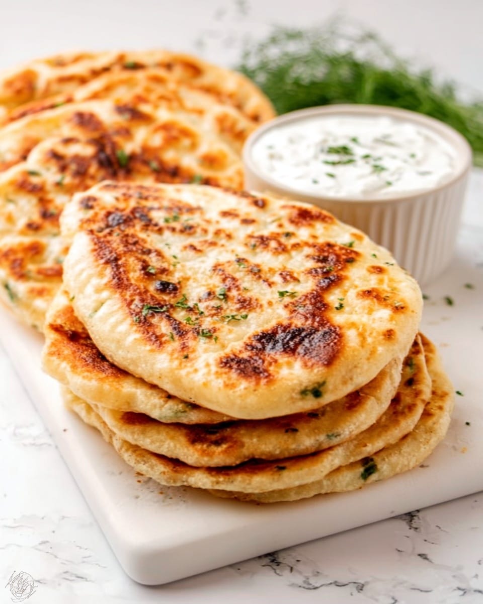 The image shows a stack of six golden-brown flatbreads with a slightly crispy, uneven texture and small green herb pieces scattered inside. The flatbreads are laid overlapping on a white rectangular plate placed on a white marbled surface. Behind the plate, there is a small white bowl filled with thick white yogurt or sauce, with a sprig of green herbs partially visible in the background. The top layer of flatbread has some char marks and a warm, inviting color. photo taken with an iphone --ar 4:5 --v 7