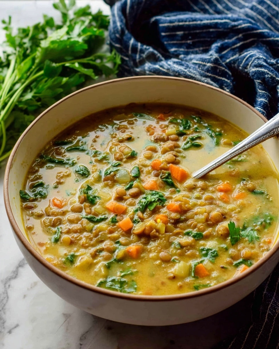 The image shows a bowl filled with a thick lentil soup that has a creamy yellow base. The soup contains visible layers of small brown lentils, orange carrot pieces, green leafy herbs, and small light green vegetable bits, all mixed evenly throughout the liquid. The bowl is white with a light brown rim, and a silver spoon rests inside the soup near the edge. In the background, there is a bunch of fresh green herbs and a dark blue cloth with white stripes. The whole scene is set on a white marbled surface. photo taken with an iphone --ar 4:5 --v 7