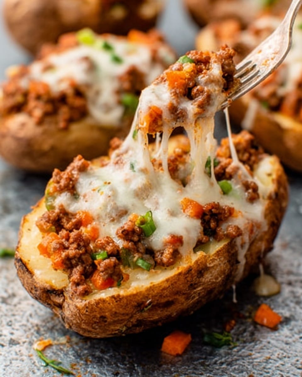 A baked potato sliced in half with a brown, crispy skin is topped with a layer of cooked ground beef mixed with orange carrot pieces and small green herb bits, covered by a thick layer of melted white cheese that drapes over the filling. The potato rests on a textured silver surface, and a woman's hand with a fork is lifting a bite from the potato, showing the gooey cheese stretching from the filling. The image has a close view focusing on the layered details of the potato skin, meat, vegetables, and cheese. Photo taken with an iphone --ar 4:5 --v 7