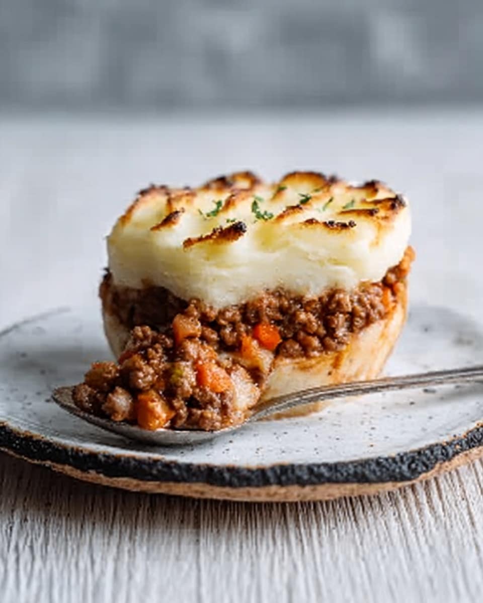 A single serving meat pie is shown on a white plate with rustic black edges, placed on a white marbled surface. The bottom layer is a thick, golden-brown crust. Above the crust is a layer of cooked ground meat mixed with small pieces of vegetables, looking slightly reddish-brown and chunky. The top layer consists of smooth, creamy mashed potatoes with light brown toasted spots, piped in a round shape with soft peaks. A spoon rests on the plate next to the pie, and a woman's hand is reaching toward it. Photo taken with an iphone --ar 4:5 --v 7