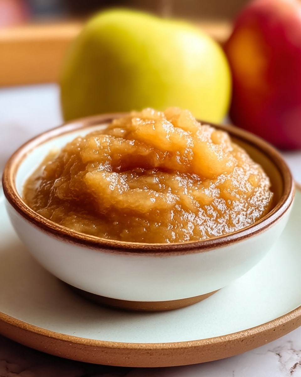 A clear glass bowl filled to the top with a thick, smooth, golden-brown applesauce that has a slightly glistening texture. The applesauce shows small soft chunks and a rich, spreadable consistency. The bowl sits on a small white plate with a cinnamon stick resting on the plate's edge. The whole setup is placed on a soft beige and white striped cloth, with a white marbled background visible behind. photo taken with an iphone --ar 4:5 --v 7