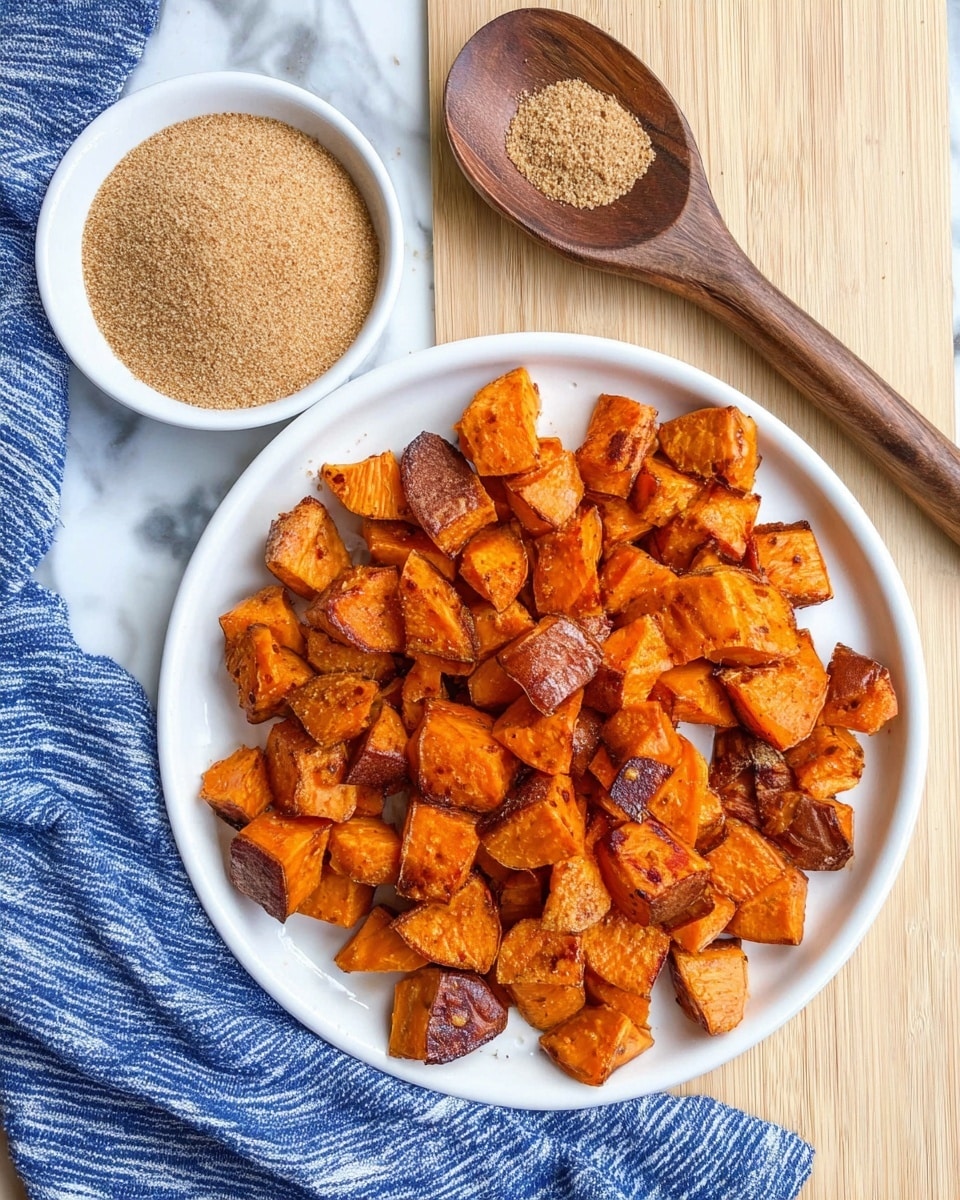 A white bowl filled with roasted sweet potato cubes that are golden brown and slightly crispy on the edges, showing different shades of orange and brown, placed on a wooden surface with a light blue and white striped cloth nearby. In the background, there are two small white bowls, one containing brown sugar and the other with a red spice. The lighting highlights the texture of the roasted sweet potatoes, making them look soft inside and crunchy outside. Photo taken with an iphone --ar 4:5 --v 7