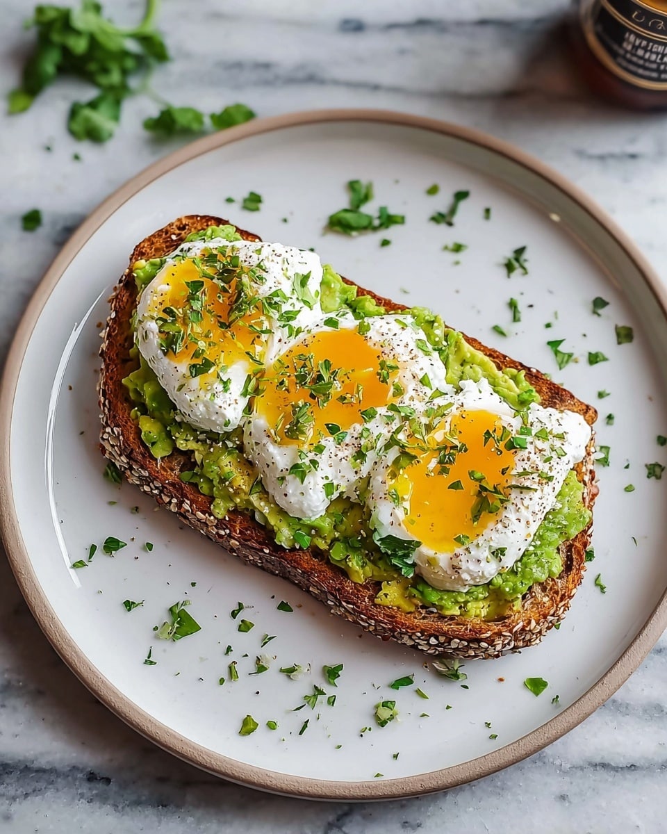 The image shows a slice of toasted multigrain bread with visible seeds on the crust, placed in the center of a white plate. It has a base layer of bright green avocado spread smoothly over the bread. On top of the avocado, there is a layer of white, creamy cottage cheese arranged in three rounded dollops. Each dollop is topped with a small amount of golden yellow egg yolk, giving a shiny and slightly runny look. The entire toast is sprinkled with finely chopped green herbs and black pepper, with extra herb leaves scattered lightly on the plate around the toast. The plate sits on a white marbled surface. photo taken with an iphone --ar 4:5 --v 7