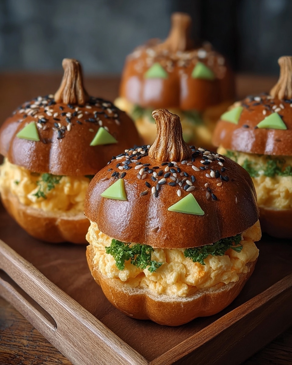 This image shows three small burgers with pumpkin-shaped buns that have shiny, deep orange tops with sesame seeds and black stems on top. The buns have carved triangle eyes resembling jack-o'-lanterns. Each burger has three main layers: the bottom bun, a thick layer of melted bright yellow cheese with a smooth, glossy texture overflowing the sides, and a fresh mix of green leafy lettuce and small sliced green onions on top. The burgers are placed on a wooden tray lined with burlap, all set on a white marbled surface. Photo taken with an iphone --ar 4:5 --v 7
