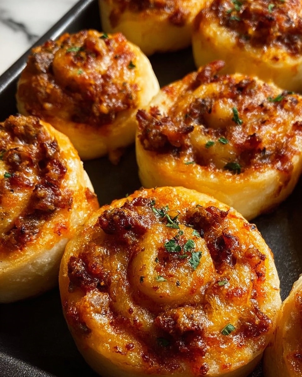 The dish shows several small savory rolls made from light golden brown dough spiraled tightly, with the outer edges slightly crispy and puffed. Inside each roll, there is a rich, dark reddish-brown filling that looks like cooked sausage mixed with melted cheese and herbs, giving a textured and slightly oily appearance. The tops have a shiny, glazed look with some herbs sprinkled unevenly, and the rolls are placed close together on a flat dark surface. photo taken with an iphone --ar 4:5 --v 7