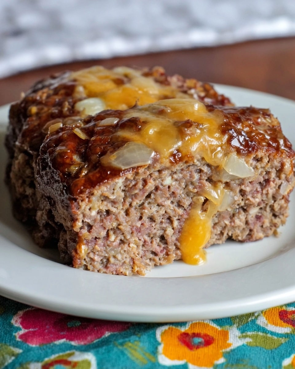 A close-up image of a thick slice of meatloaf on a white plate with melted orange cheddar cheese and bits of white onion inside and on the surface. The top layer is a browned, crispy cooked ground meat texture with cheese spots melting in, while the inside layers show tender, moist ground meat mixed with more melted cheese and onion pieces spread unevenly. The plate rests on a cloth with blue, yellow, red, and green floral patterns on a white marbled texture surface. Photo taken with an iphone --ar 4:5 --v 7