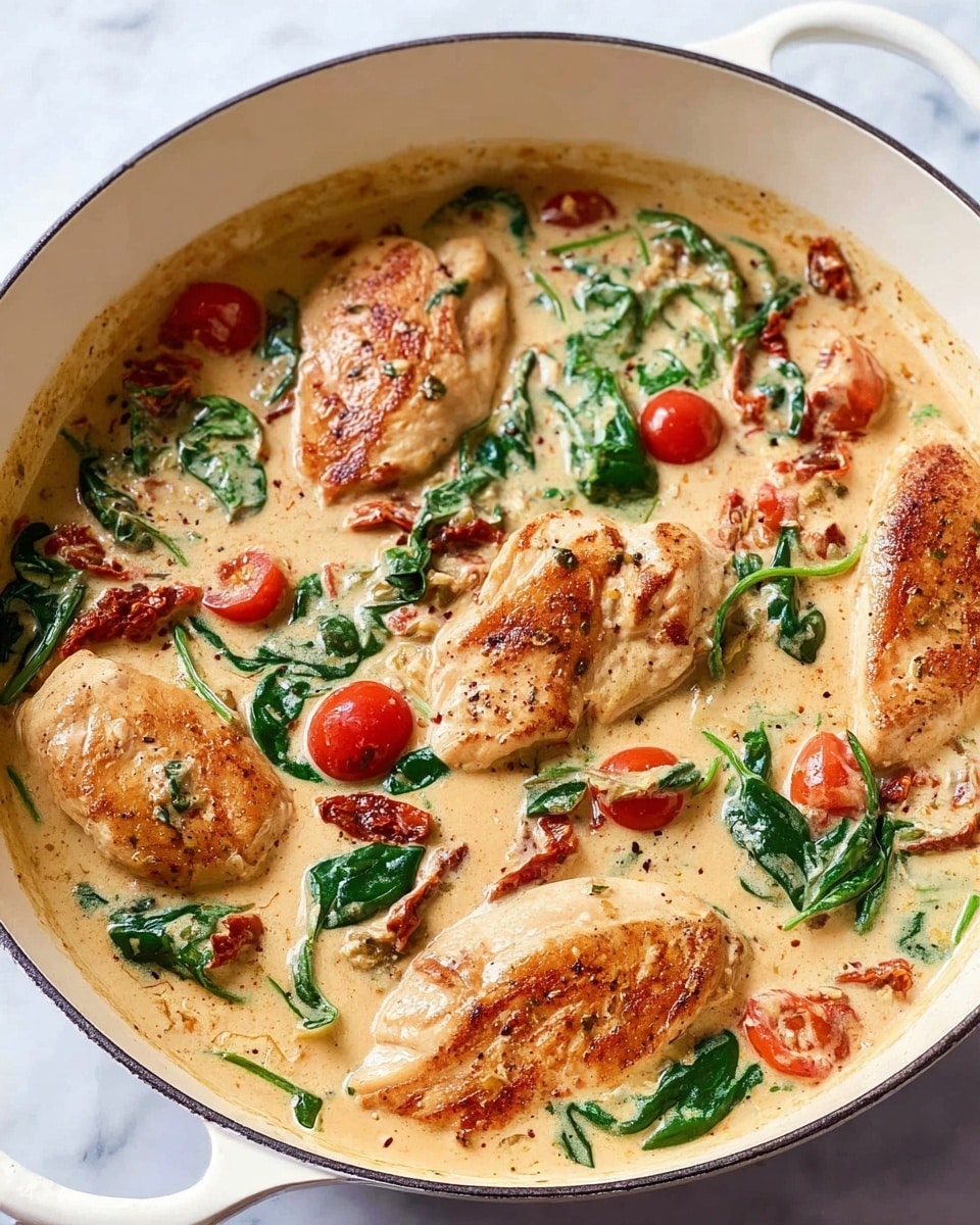 A white deep pan filled with a creamy light beige sauce mixed with cooked chicken breasts that have a golden-brown sear on top, scattered bright red cherry tomatoes, fresh green spinach leaves, and small pieces of sun-dried tomatoes. The sauce has a smooth texture with some specks of black pepper visible, and the ingredients are evenly spread, showing layers of vibrant colors and soft textures all inside the white cookware. The pan is placed on a white marbled surface. photo taken with an iphone --ar 4:5 --v 7