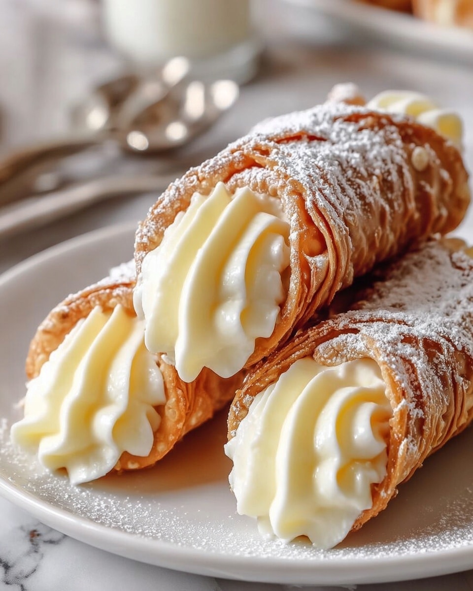 Three creamy cannoli rest closely together on a white plate with a light dusting of powdered sugar covering the flaky, golden-brown pastry shells. Each cannoli has multiple thin, crispy layers forming a crisp tube, filled with smooth, pale yellow cream that is piped in soft swirls at both visible ends. The background shows blurred hints of a white marbled texture and some silver utensils blurred out. photo taken with an iphone --ar 4:5 --v 7