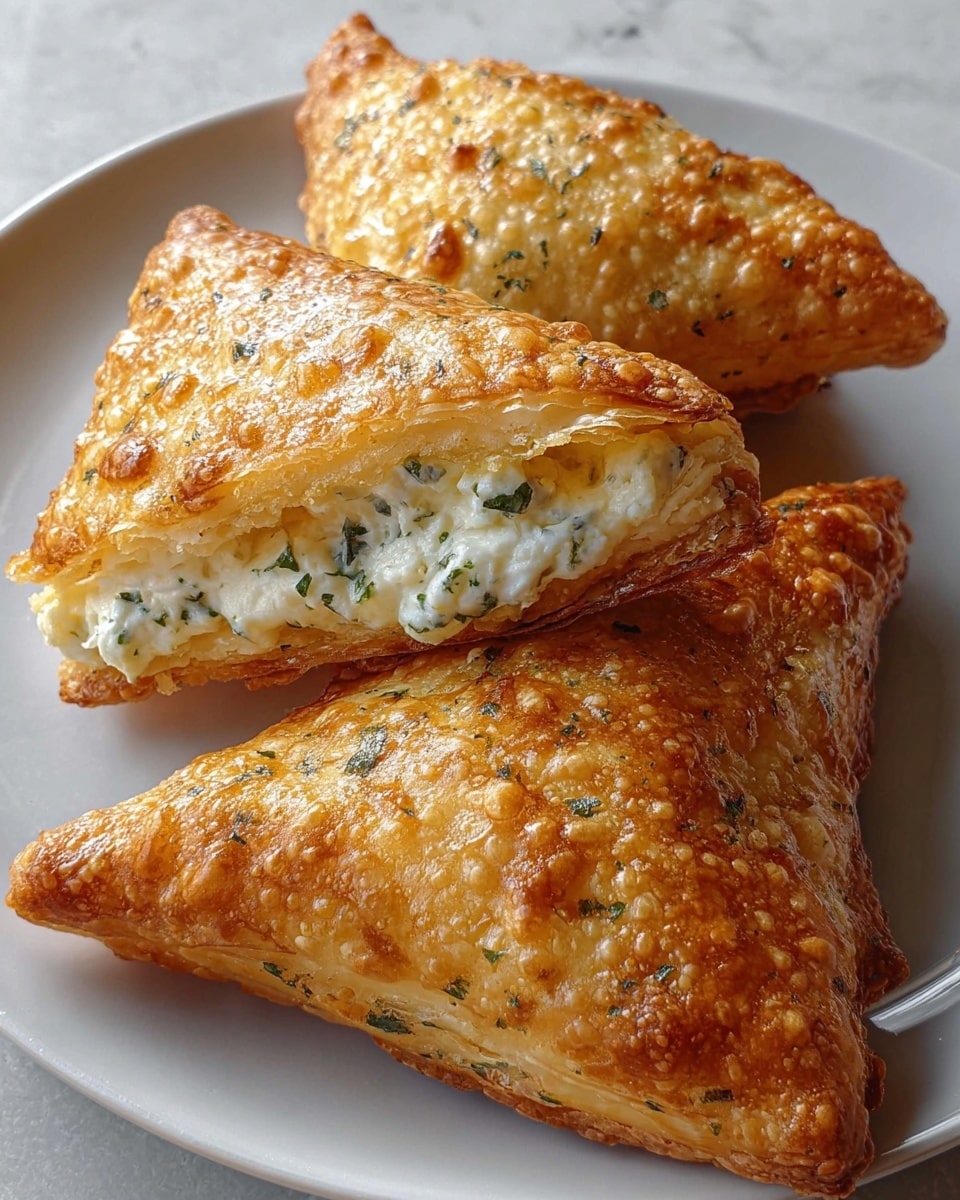 Three golden-brown triangular pastries rest on a white plate with a white marbled texture background. The top pastry is cut open, showing two layers: a thin, crispy outer crust, textured with small bubbles and sprinkled lightly with herbs, and a thick, creamy white filling with green herb bits inside. The other two pastries beneath are whole, showing the same flaky, golden, herb-speckled surface. The lighting highlights the crispy texture and creamy filling inside. photo taken with an iphone --ar 4:5 --v 7