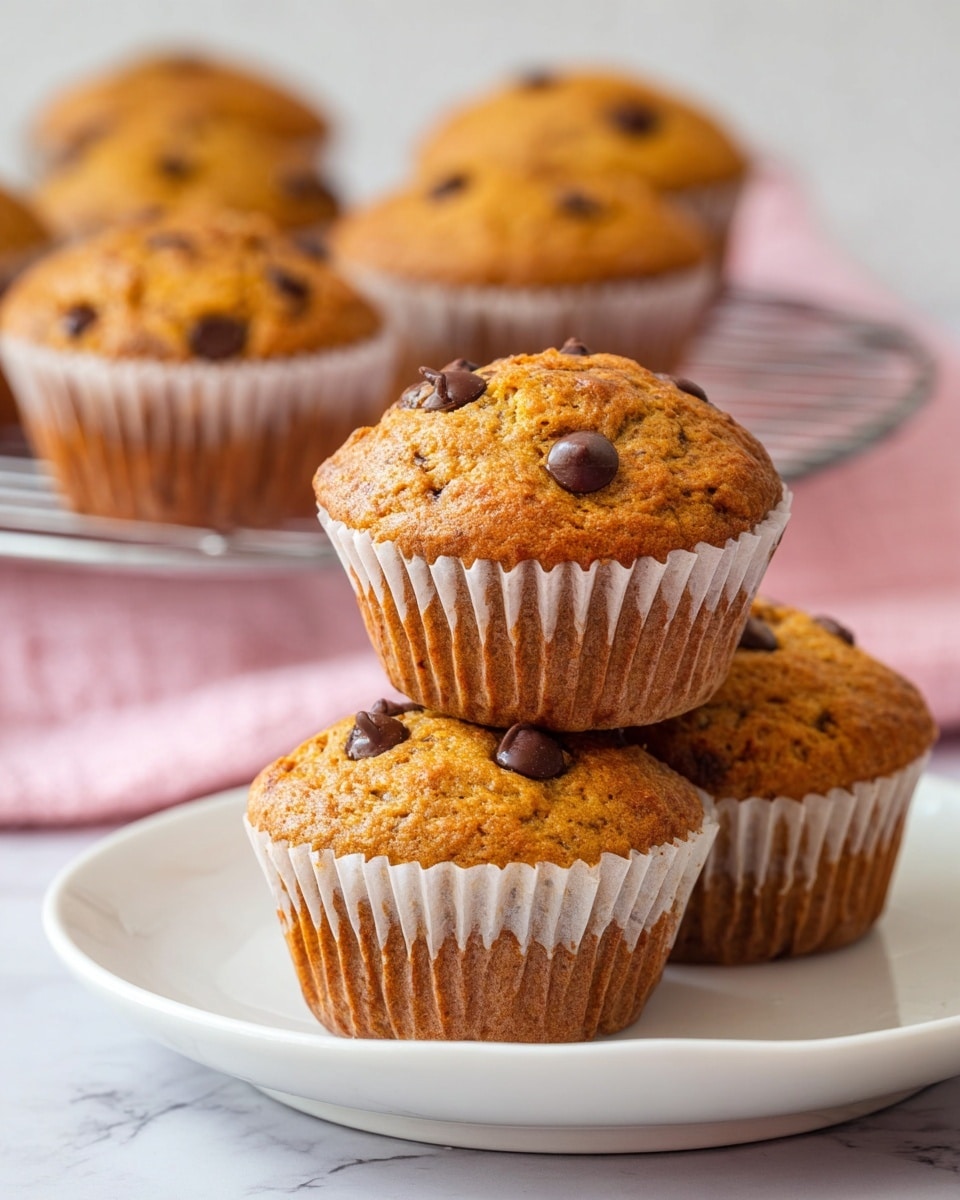 The image shows three golden-brown muffins with slightly rough tops and chocolate chips embedded near the center, stacked on a clean white plate. The muffin liners are white and slightly crinkled, with the muffins appearing moist and soft. In the background, several more muffins sit on a metal cooling rack over a light pink cloth, all placed on a white marbled surface. The overall scene gives a fresh-baked, warm feeling with focused detail on the texture of the muffins. photo taken with an iphone --ar 4:5 --v 7