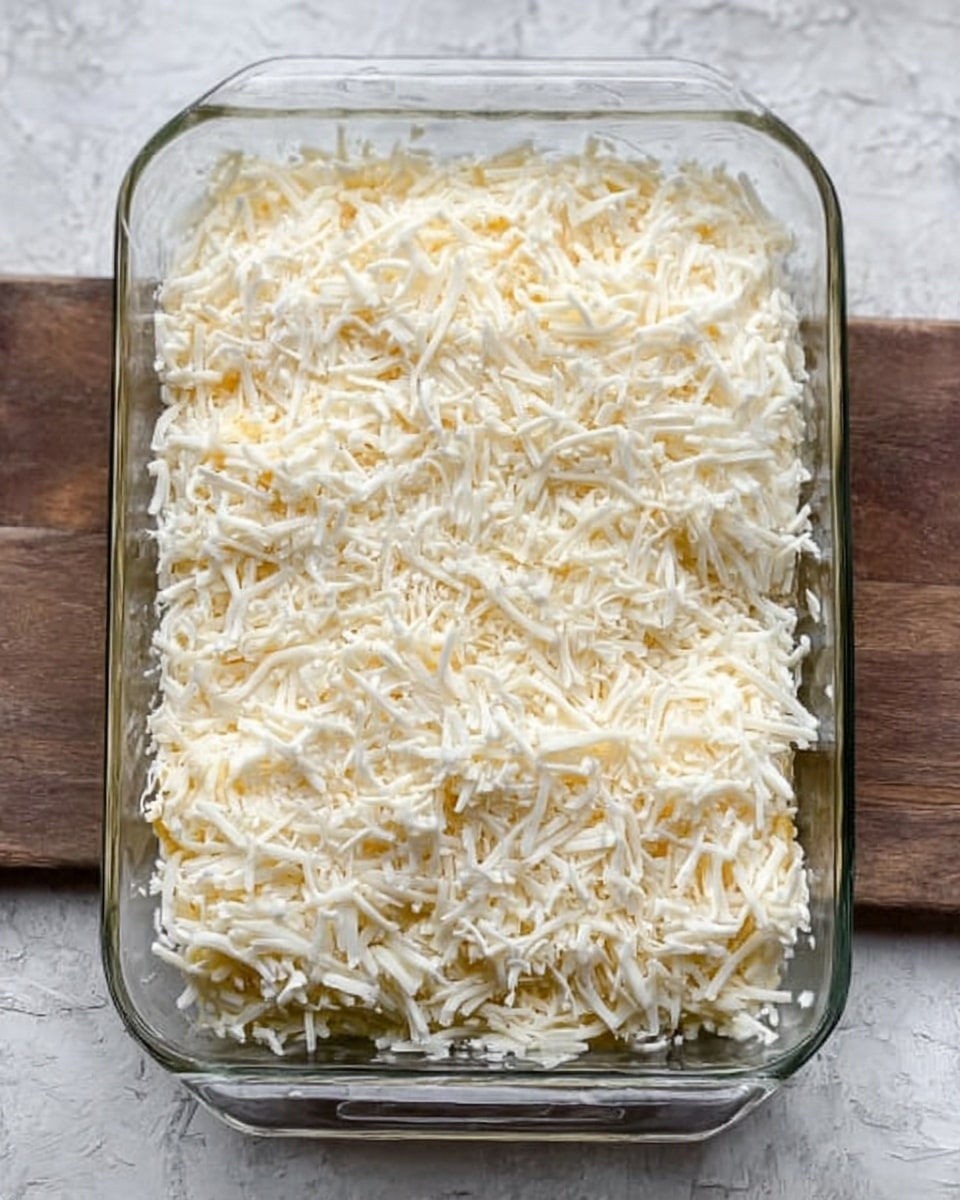 A clear glass rectangular baking dish filled with a thick layer of shredded white and pale yellow cheese covering the entire top evenly, sitting on a white marbled textured surface. The cheese pieces are spaced closely, creating a soft and slightly fluffy texture on top. The dish has two small handles on either side, and the wood texture beneath adds a subtle rustic contrast. Photo taken with an iphone --ar 4:5 --v 7