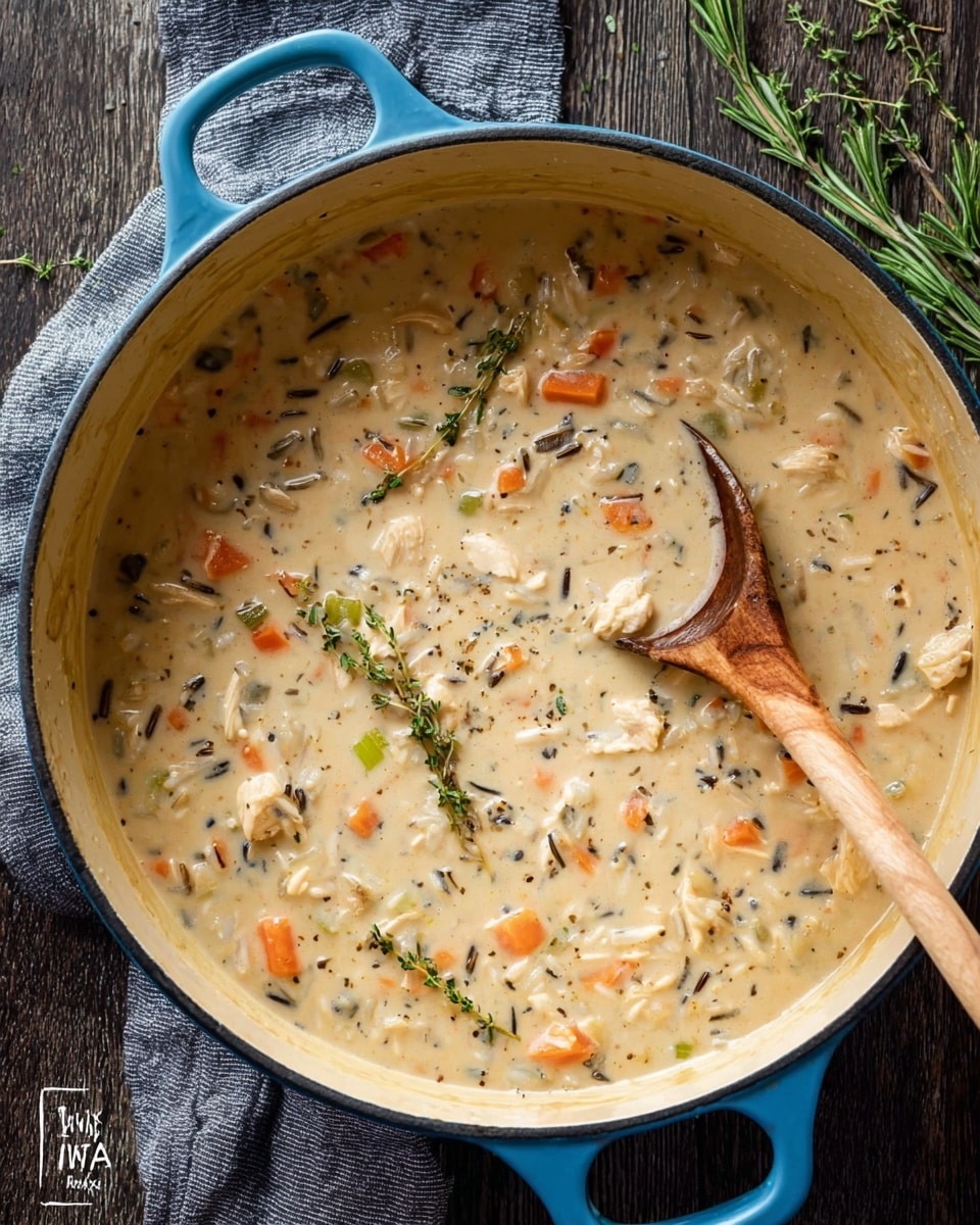 The image shows two shallow white bowls filled with creamy wild rice soup, which has a thick beige base full of small diced orange carrots, bits of celery, pieces of wild rice in black and brown, and tender chunks of chicken. The soup is topped with scattered black pepper and small green thyme sprigs, adding fresh green accents. One bowl has a silver spoon resting inside, angled to the right. Next to the bowls are two halves of soft, light brown bread rolls placed on a striped blue-gray cloth napkin. The setup is on a wooden surface with a few thyme sprigs scattered around. A clear glass bottle with white liquid is partly visible at the bottom. The overall look is warm, comforting, and rustic. photo taken with an iphone --ar 4:5 --v 7
