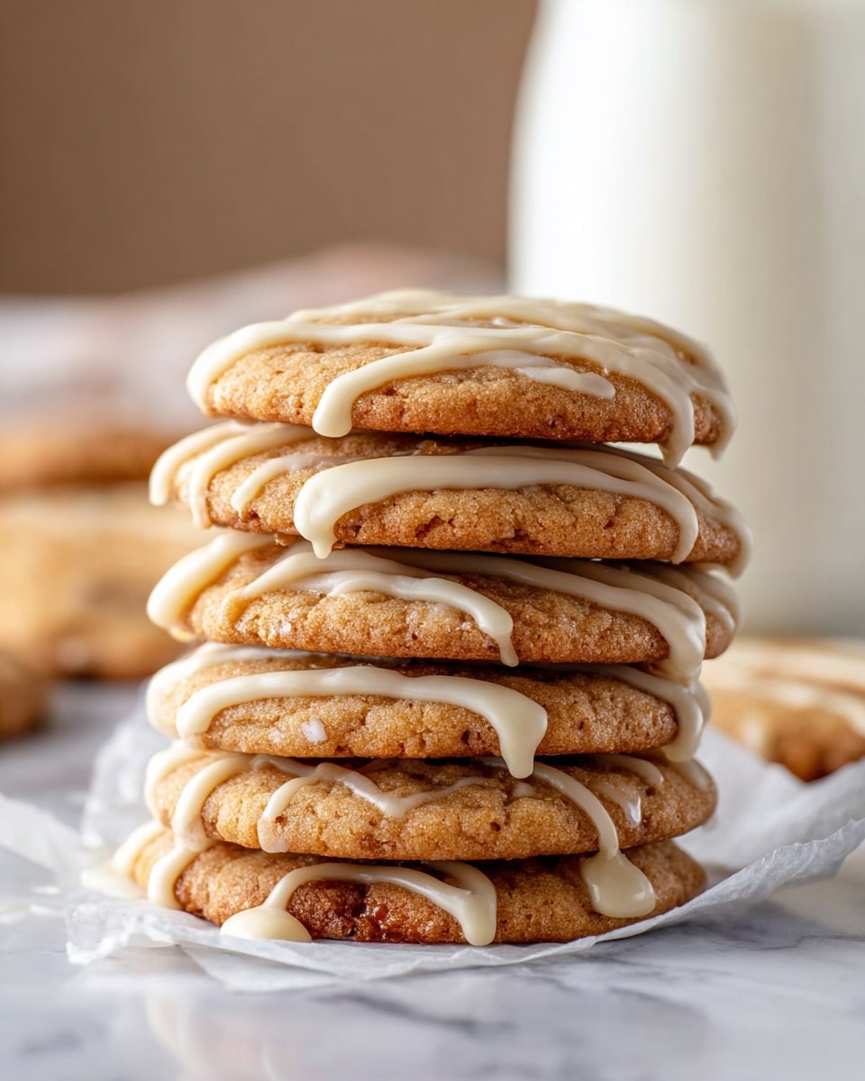 A stack of six round, golden-brown cookies with a soft texture is shown, each cookie drizzled with uneven lines of creamy, off-white icing. The cookies are layered closely on a piece of white parchment paper, placed on a surface with a white marbled texture. In the background, slightly blurred, is a glass of white milk, adding a cozy and inviting feel to the image. photo taken with an iphone --ar 4:5 --v 7