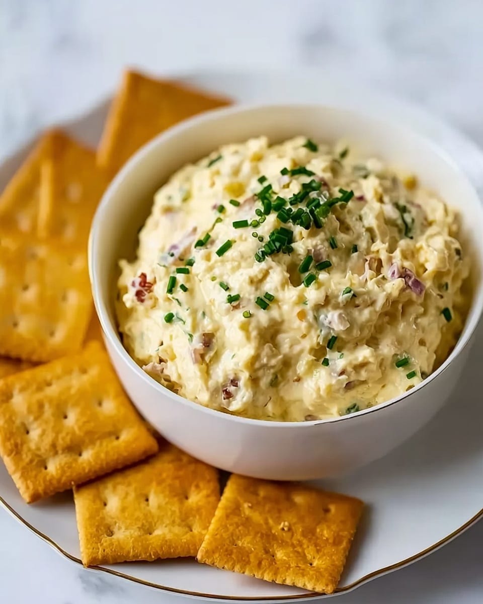 The image shows a white bowl filled with a creamy, light yellow dip with visible small bits of red onion and herbs mixed in. The dip is topped with finely chopped green chives, adding a touch of color and texture. Around the bowl, there are square golden crackers arranged neatly on a white plate with a subtle gold rim. The background surface is white with a marble texture, giving a clean and bright look. photo taken with an iphone --ar 4:5 --v 7