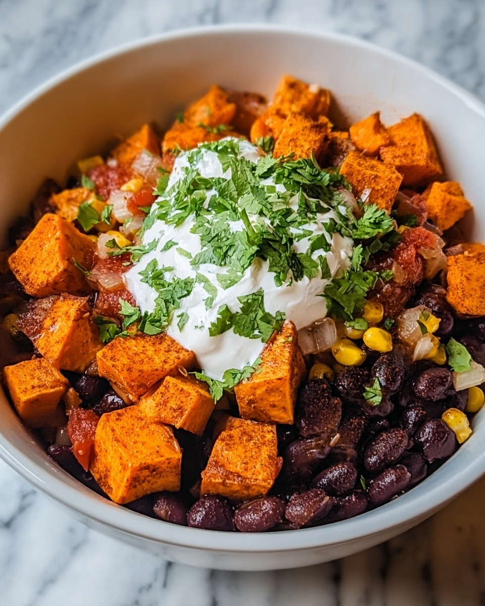 A white bowl filled with three visible layers of food starting with dark purple black beans at the bottom layer, followed by a mix of diced yellow corn and translucent cooked onions with hints of tomato on top of the beans, then topped with a generous portion of cubed orange sweet potatoes seasoned with spices. On top of the sweet potatoes is a dollop of white sour cream, sprinkled with fresh green chopped cilantro leaves. The bowl sits on a white marbled surface. Photo taken with an iphone --ar 4:5 --v 7