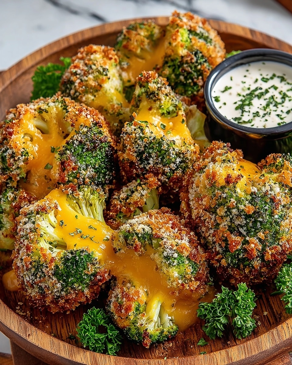 A round wooden plate holds several pieces of crispy fried broccoli topped with melted yellow cheese oozing out from inside. Each broccoli piece is coated in a crunchy golden-brown breading with specks of white seasoning on top. The bright green broccoli contrasts with the warm breading and gooey cheese. Small sprigs of fresh green parsley are placed at the edges of the plate, adding a fresh look. In the back, a small black cup contains creamy white dipping sauce with green herbs sprinkled inside. The plate is resting on a white marbled surface. Photo taken with an iphone --ar 4:5 --v 7