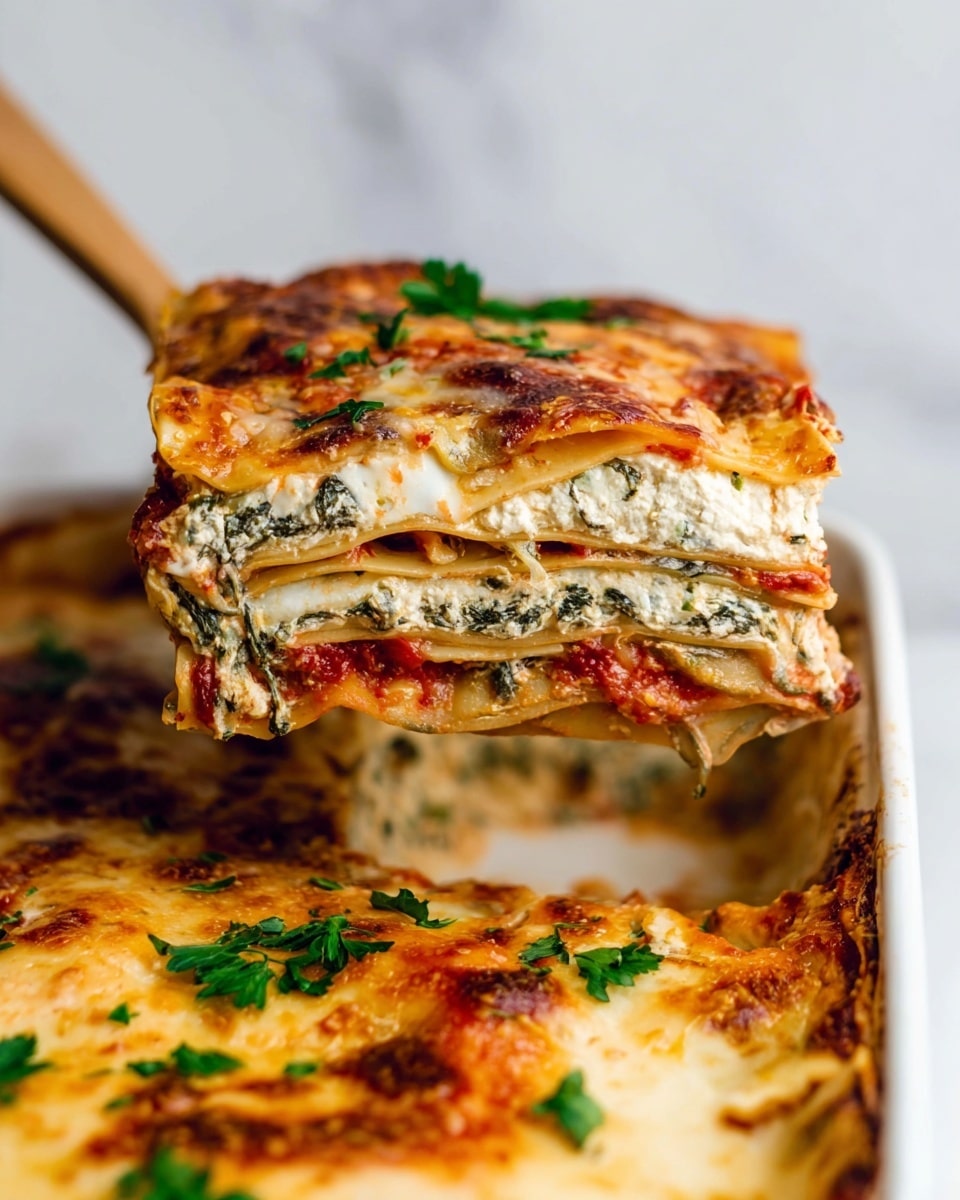 A rectangular white baking dish contains a three-layer lasagna topped with a melted, golden-brown cheese layer scattered with fresh green parsley leaves. The top cheese layer is bubbly and slightly crispy, with a rich reddish tomato sauce beneath it peeking through in small spots. The middle layer has a creamy white sauce mixed with pieces of mushrooms visible near the edges, adding texture and color contrast. The bottom layer consists of tender pasta sheets resting on the base of the dish. The dish is placed on a wooden board with small white bowls of fresh parsley nearby, all set on a white marbled texture. photo taken with an iphone --ar 4:5 --v 7
