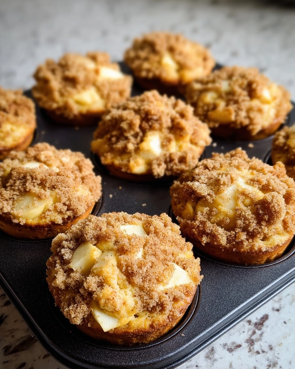 There is a black cupcake tray filled with nine golden-brown muffins, each topped with a crumbly streusel layer that is light brown and speckled with darker cinnamon bits. Each muffin shows small chunks of pale yellow apple embedded under and within the crumb topping. The muffins have a soft texture under the crunchy streusel, and the tray sits on a white marbled surface. The focus is sharp on the front muffins, making the back ones slightly blurred. photo taken with an iphone --ar 4:5 --v 7