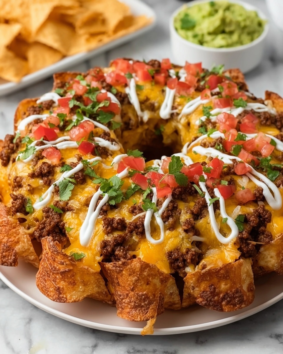 The dish is a round, layered nacho ring arranged in a circular shape with a hollow center. The bottom layer consists of crispy, golden-brown tortilla chips standing upright. On top of the chips, a thick layer of melted yellow cheddar cheese is evenly spread, covered with crumbled brown ground beef. Bright red small diced tomatoes and fresh green cilantro leaves are scattered on top, adding color and freshness. White sour cream is drizzled in curved lines around the ring. The plate is white, placed on a white marbled surface, with a bowl of green guacamole and some more chips in the background. Photo taken with an iphone --ar 4:5 --v 7