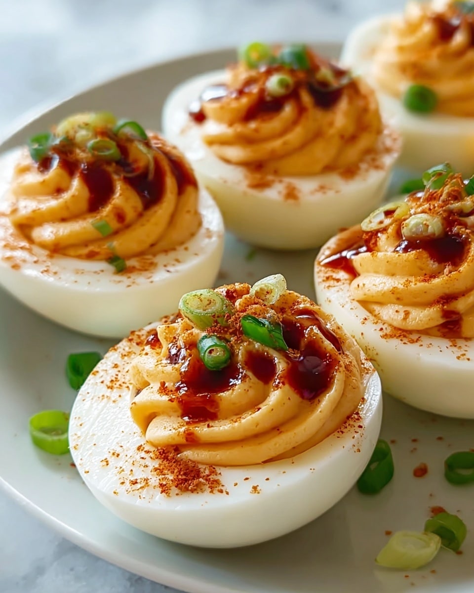 A close-up view of six deviled egg halves arranged on a white plate, placed on a white marbled surface. Each egg has two layers: the bottom layer is smooth, glossy white egg white forming a cup shape, and the top layer is a creamy, light orange yolk mixture swirled into a soft peak. On top of the yolk mixture, there is a drizzle of thick dark reddish-brown sauce, sprinkled lightly with red spices, and small green onion pieces scattered over and around the eggs, adding bright green color and contrast. The overall look is fresh and colorful with a soft, smooth texture on the yolk and a firm, shiny texture on the egg white. Photo taken with an iphone --ar 4:5 --v 7