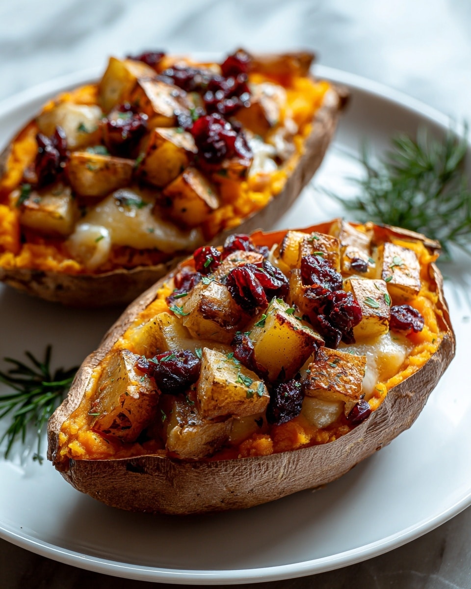 Two halves of a baked sweet potato are placed on a white plate with a green herb garnish on the side. Each sweet potato half has three visible layers: the bottom layer is the orange soft baked flesh, the middle layer has melted cheese with a creamy texture, and the top layer consists of small cubed roasted potatoes mixed with dark red dried cranberries. The potatoes on top are golden brown with some crispy edges, and the cranberries add a deep red color contrast. The skin of the sweet potato is textured with a rustic, natural brown color. The photo is set on a white marbled surface. photo taken with an iphone --ar 4:5 --v 7