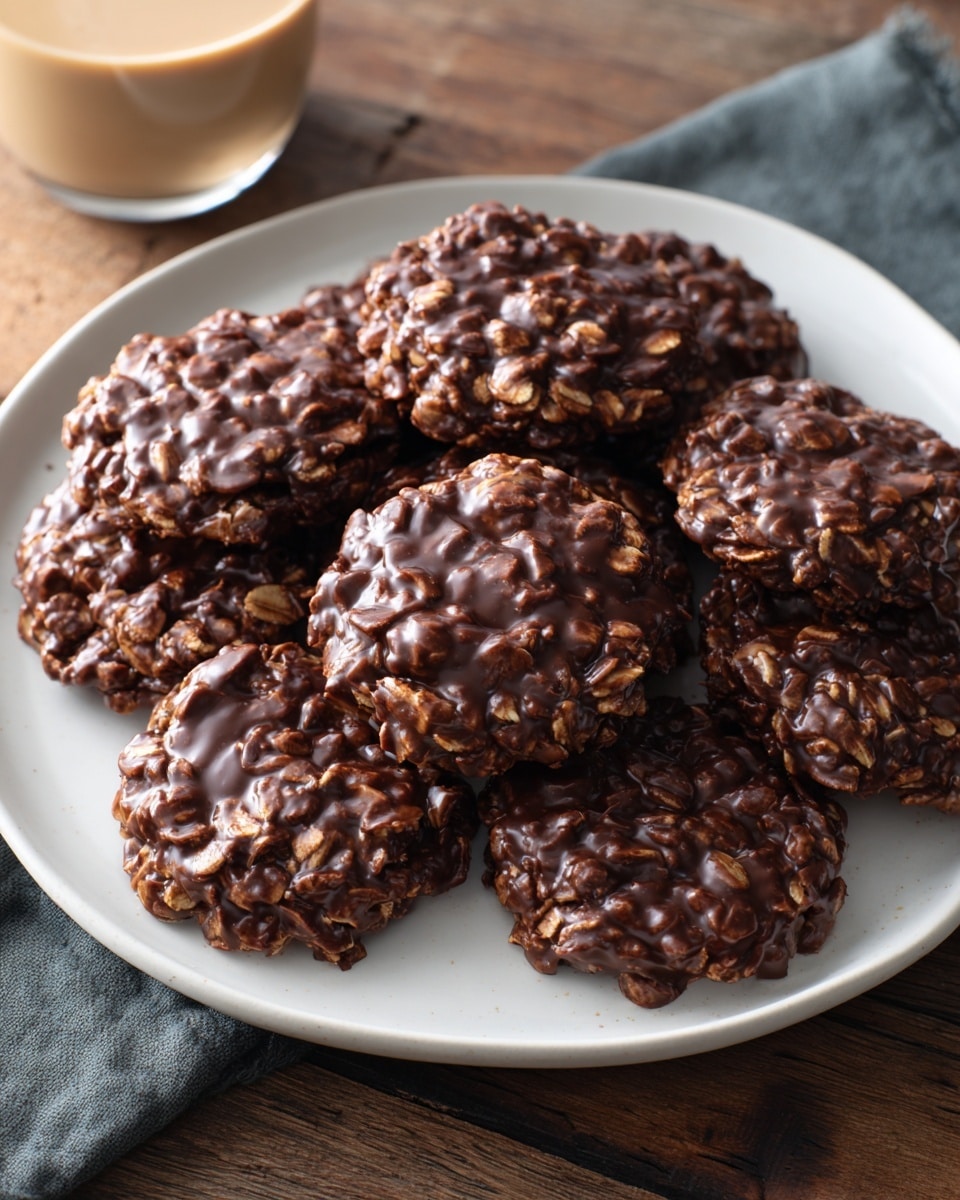 The image shows a white round plate filled with ten round chocolate oatmeal cookies. Each cookie has a rough, textured surface with visible oats and a shiny, slightly glossy chocolate coating. The cookies are arranged loosely in two rows, with the top row slightly denser than the lower row. The plate sits on a wooden surface, and part of a glass with light-colored liquid is visible to the top left. photo taken with an iphone --ar 4:5 --v 7