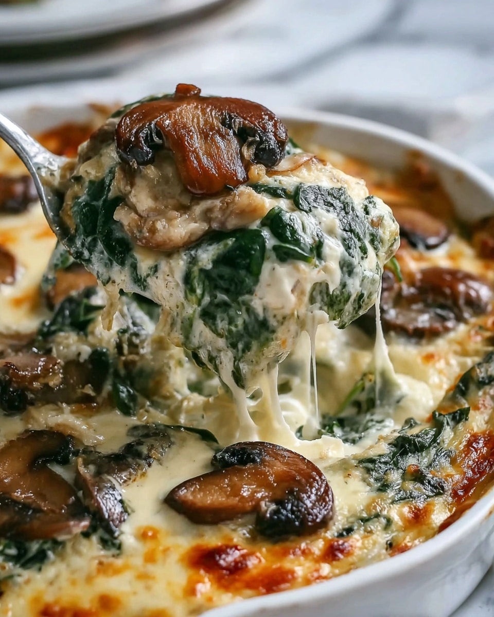 The dish shows a close-up of a white round baking dish filled with creamy spinach and mushroom layers. The bottom layer is melted golden cheese with bubbly texture. On top, there are dark green cooked spinach leaves mixed with soft, creamy white sauce. Large, sautéed brown mushroom pieces sit on top and in the creamy mix, adding a rich texture. A silver spoon lifts a spoonful showing all the layers and ingredients clearly against a white marbled background. photo taken with an iphone --ar 4:5 --v 7