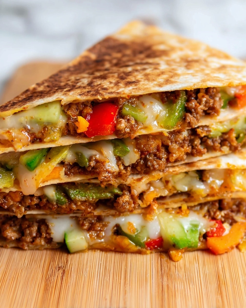 The image shows a close-up of a stack of three folded quesadilla pieces on a wooden board with a white marbled texture background. Each quesadilla piece has a toasted, light brown tortilla layer on top and bottom. Inside, the filling has three distinct layers with rich textures: a layer of melted cheese that stretches slightly between the layers, a layer of ground meat mixed with finely chopped orange and green vegetables, and chunks of cucumber and red bell pepper giving bright green and red pops of color. The quesadilla looks warm and slightly crispy on the edges, with the filling layers visible clearly from the side. photo taken with an iphone --ar 4:5 --v 7