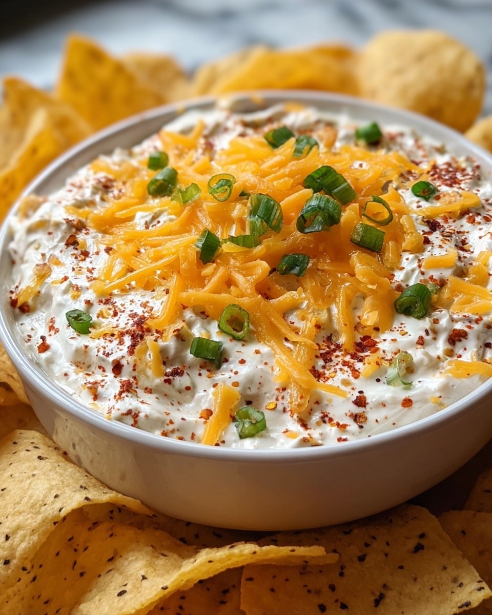 A close-up view of a creamy, white dip in a white bowl, topped with a generous layer of shredded orange cheddar cheese and small pieces of green onion scattered on top. The dip surface is dotted with red seasoning powder, creating small specks of reddish-brown color all over. Around the bowl, several light yellow corn chips with dark specks are placed as garnish. The whole scene is set against a white marbled surface. photo taken with an iphone --ar 4:5 --v 7