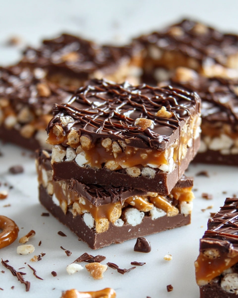 The image shows a close-up of several stacked square pieces of a layered dessert bar placed on a white marbled surface. Each piece has four visible layers: the bottom dark brown chocolate layer with a smooth texture, a layer of light brown caramel mixed with small pretzel sticks, a layer of crunchy white puffed pieces embedded in caramel, and the top layer is drizzled with a crisscross pattern of melted dark chocolate, creating a glossy, textured look. Around the squares, small crumbs and chocolate bits are scattered, adding a rustic feel. Photo taken with an iphone --ar 4:5 --v 7