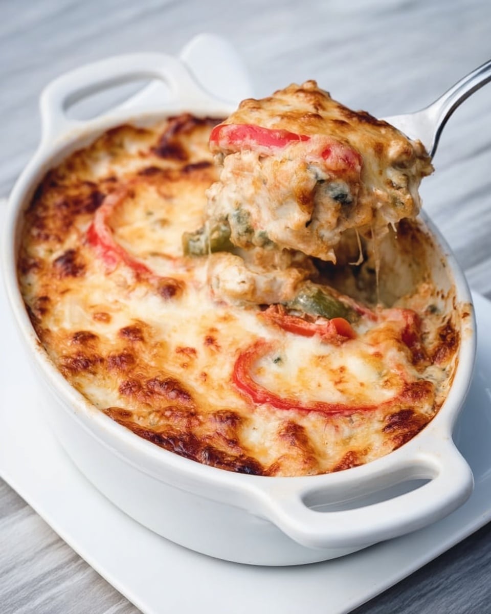The dish is a baked casserole in a white oval ceramic dish with handles on the sides. The top layer is golden brown melted cheese with browned spots, showing a crispy texture. Below the cheese are visible slices of red and green bell peppers mixed with creamy sauce and soft chunks of chicken or vegetables. A spoon lifts a serving, revealing a thick, creamy inside with layers of melted cheese, small pieces of veggies, and lightly browned baked bits. The dish rests on a white marbled textured surface. Photo taken with an iphone --ar 4:5 --v 7