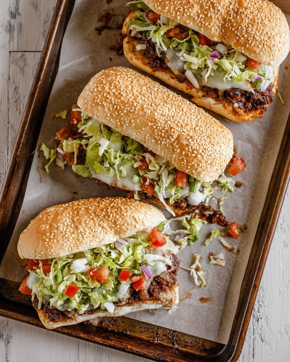 A sesame seed bun sandwich is shown on a baking tray lined with parchment paper, placed on a white marbled texture. The sandwich is cut into three parts, one long piece on top and two smaller pieces below. Each sandwich piece has a bottom bun layered with a dark brown grilled meat patty that looks slightly crispy on the edges, topped with melted white cheese. Above the cheese, there is shredded green lettuce mixed with red diced tomatoes and small white onion pieces, adding color and texture. The top bun is light golden brown and covered with sesame seeds. Photo taken with an iphone --ar 4:5 --v 7