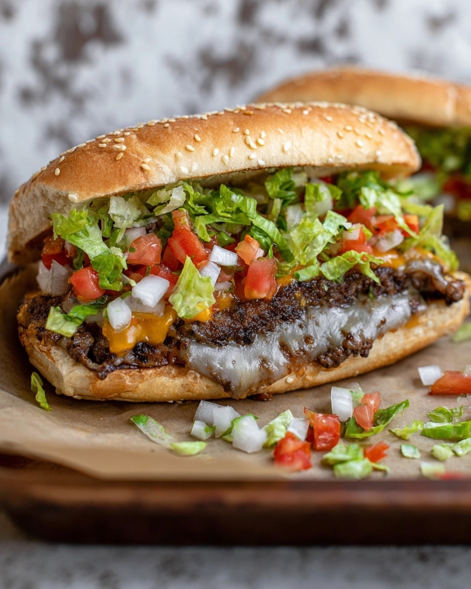 The image shows a sandwich with three main layers seen closely. The top layer is a light brown sesame seed bun with a soft texture. The middle layer is a mix of finely chopped red tomatoes, white onions, and bright green lettuce, adding fresh colors and a crunchy look. Below this is a melted grayish cheese layer that covers a well-cooked, dark brown beef patty with a slightly crispy edge. The sandwich sits on white parchment paper placed on a brown tray, with some chopped vegetables scattered around. The background has a white marbled texture. photo taken with an iphone --ar 4:5 --v 7