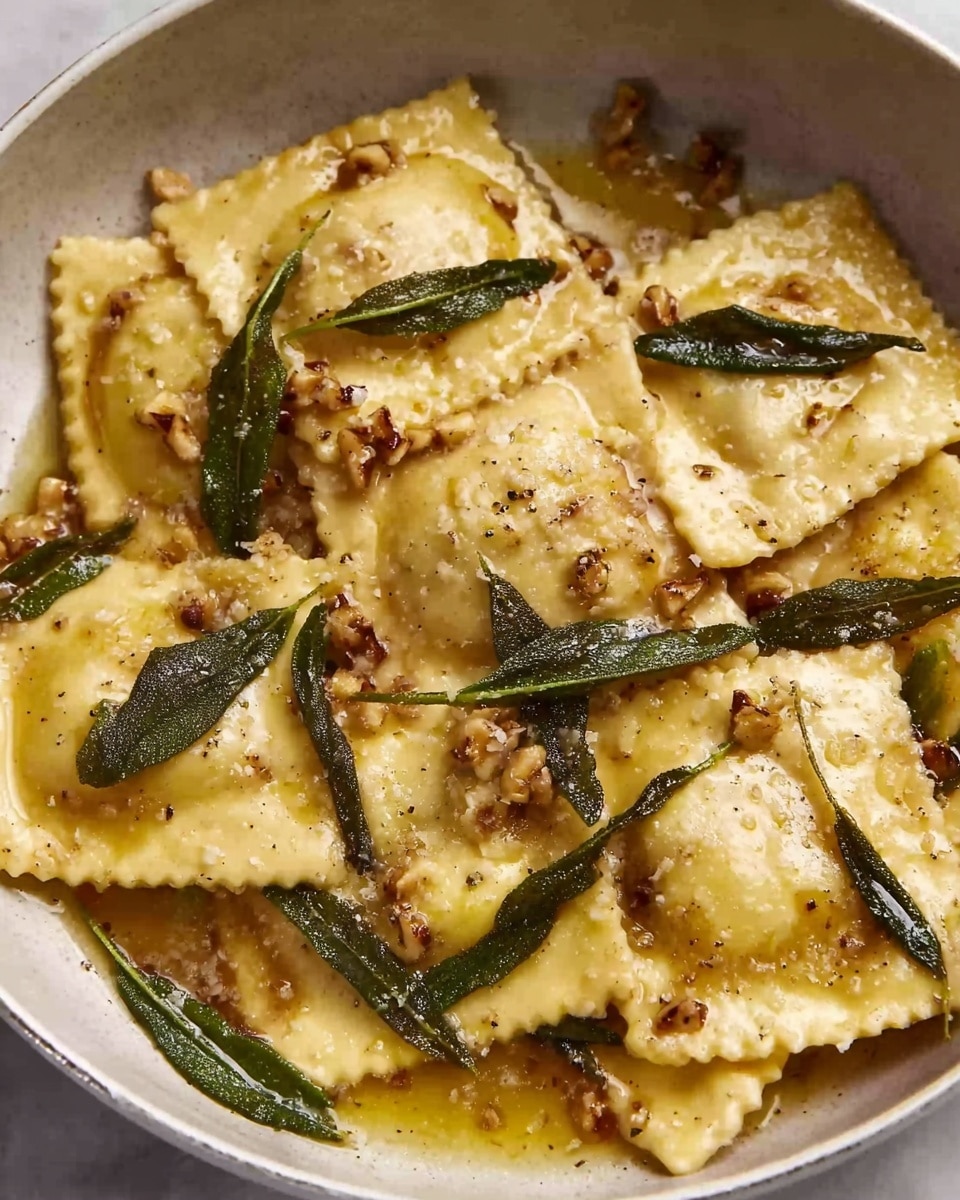 The image shows a white bowl filled with about two layers of ravioli pasta, each ravioli square is pale yellow with slightly browned edges. Scattered on top and around the ravioli are crispy sage leaves, dark green with a slightly wrinkled texture. The sauce at the bottom is a light brown butter sauce with small bits of toasted nuts sprinkled over the ravioli, giving a crunchy texture. The overall look is warm and inviting, with the ravioli pieces overlapping slightly and the sauce glistening under soft light. photo taken with an iphone --ar 4:5 --v 7