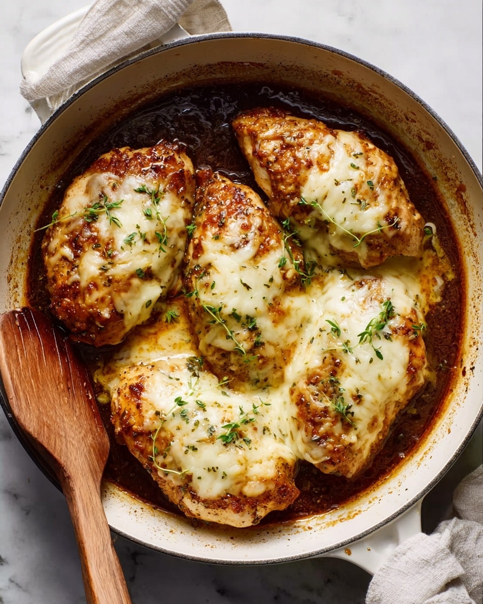 A close-up view of a white skillet containing four pieces of cooked chicken breasts covered with melted cheese. The chicken is sitting in a dark, rich sauce that looks thick and glossy, with small green herb sprigs sprinkled on top of the cheese. A wooden spoon is partially resting inside the skillet on the left side. The skillet is placed on a white marbled surface with a light cloth partially visible beside it. Photo taken with an iphone --ar 4:5 --v 7