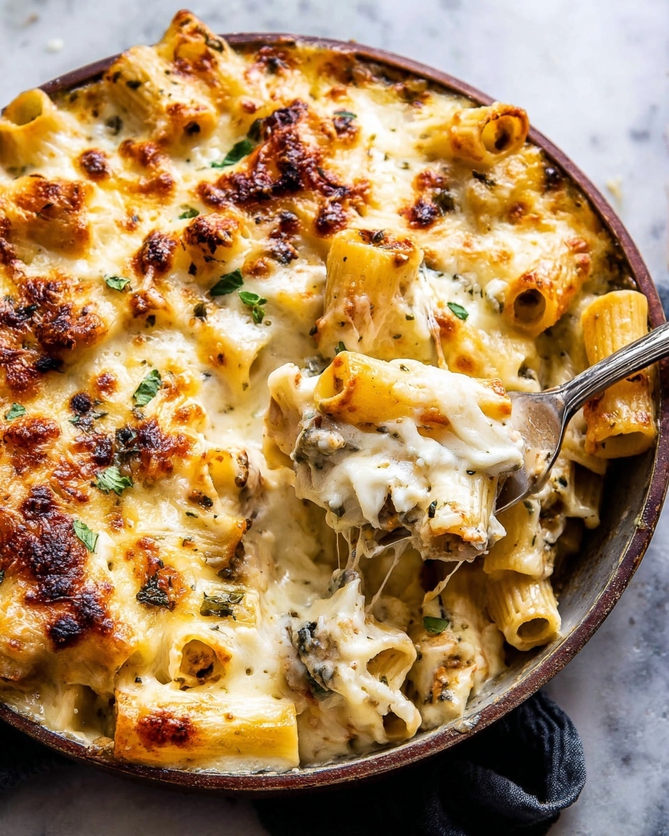 A close-up view of baked rigatoni pasta in a round dish with a browned, melted cheese layer on top. The pasta is covered in creamy white sauce with bits of herbs scattered over the surface, adding green flecks. Some pieces of rigatoni are visible under the cheese with a slightly firm, ridged texture. The cheese has browned spots and a bubbly, stretchy texture in places. A fork is partially lifting some pasta from the dish, showing the creamy layers beneath. The dish is set on a white marbled surface. photo taken with an iphone --ar 4:5 --v 7