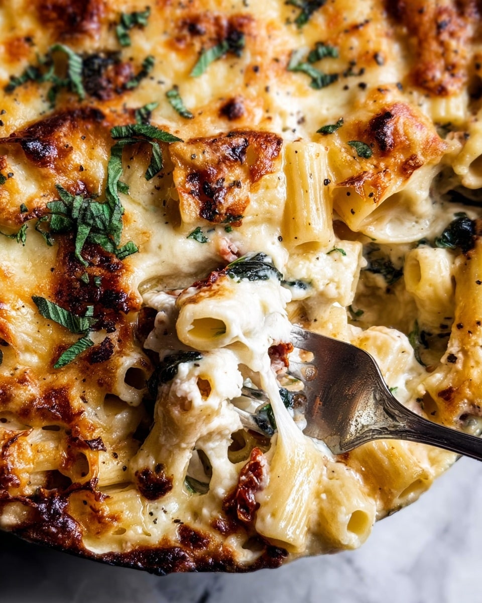 The image shows a close-up of a baked pasta dish with rigatoni noodles covered in melted, slightly browned cheese. The top layer is a creamy golden cheese with some browned spots, sprinkled with fresh green herbs and black pepper. Beneath the cheese, the rigatoni noodles are visible, pale yellow with a smooth texture, mixed with pieces of dark green herbs and small chunks of sun-dried tomato. A silver fork is lifting some pasta from the dish, showing the gooey, stretchy cheese melting between the noodles. The background is a white marbled surface. photo taken with an iphone --ar 4:5 --v 7