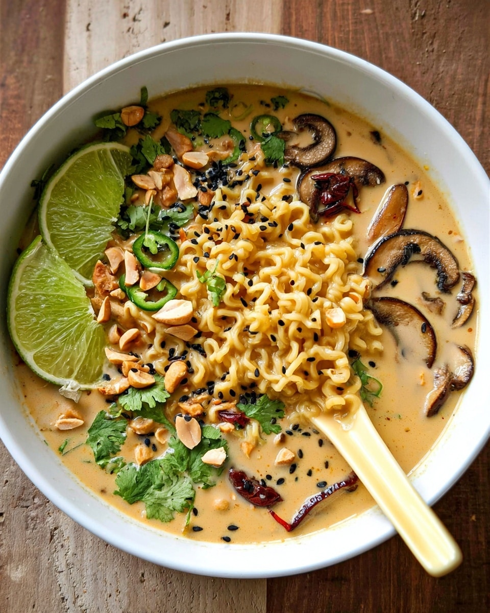 A white bowl filled with creamy light brown soup, with wavy yellow ramen noodles in the center as the main layer. Floating on the soup are thin light brown mushroom slices with darker edges placed along the sides, bright green lime wedges on the left, and scattered chopped peanuts with small black sesame seeds on top. There are whole dried red chili peppers and fresh green cilantro leaves spread throughout the soup. A pale yellow spoon rests on the right side inside the bowl. The bowl sits on a wooden surface that has been changed to a white marbled texture. Photo taken with an iphone --ar 4:5 --v 7