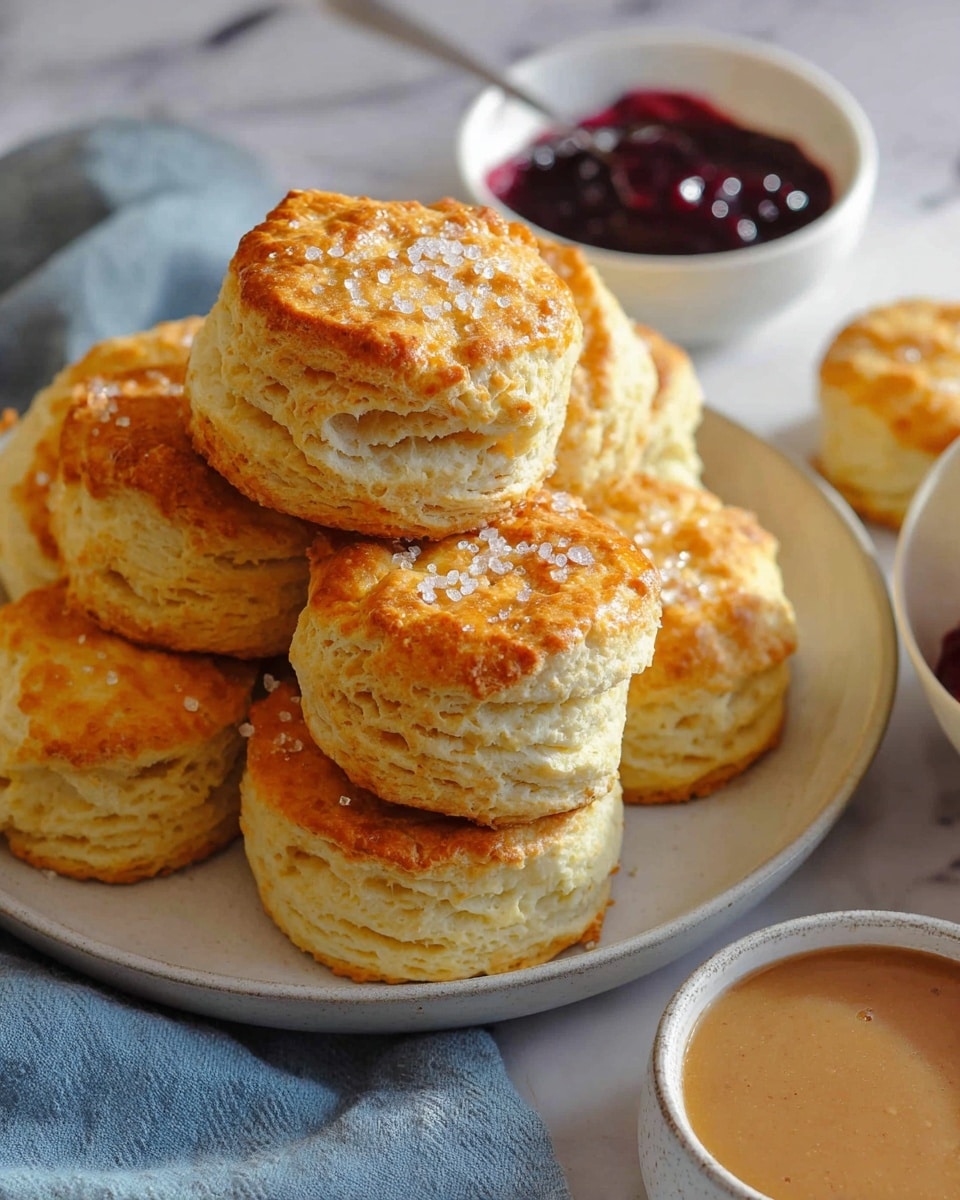 A close-up of a stack of six golden-brown biscuits arranged on a white plate, each biscuit showing flaky layers and a slightly rough texture on the sides, with coarse sugar crystals sprinkled on top giving a sparkling effect; to the right side, there are two white bowls, one filled with a shiny dark purple jam and the other with a smooth light brown sauce, all placed on a soft blue cloth over a white marbled surface. photo taken with an iphone --ar 4:5 --v 7