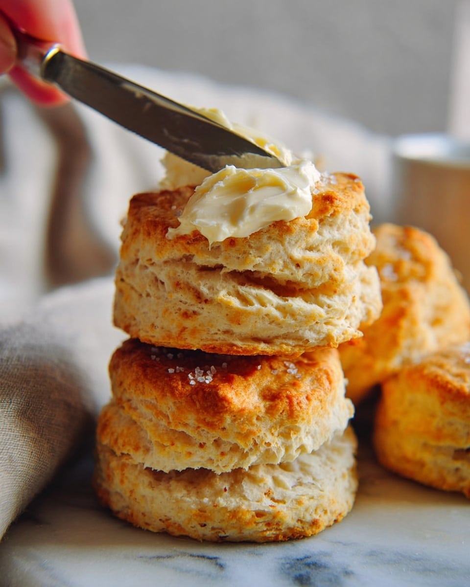 A close-up image shows a stack of golden-brown biscuits with a rough, crumbly texture. The top biscuit is being spread with creamy, soft butter using a knife held by a woman's hand. The biscuit has a layered look with an uneven, flaky surface and some visible salt crystals on top. The background shows a white marbled texture and a blurred cloth. The lighting highlights the warmth and flakiness of the biscuits. photo taken with an iphone --ar 4:5 --v 7