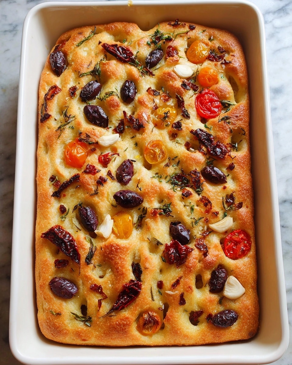 A rectangular focaccia bread with a golden-brown crust, baked in a white ceramic dish. The bread surface is uneven and dimpled, topped with scattered black olives, whole garlic cloves that are soft and creamy white, and halved cherry tomatoes showing vibrant red and orange colors. Small sprigs of green herbs are spread throughout, adding a fresh touch. Dark sun-dried tomato strips and bits of orange seasoning or roasted garlic are also visible, giving the bread a colorful, textured appearance. The dish rests on a white marbled surface. photo taken with an iphone --ar 4:5 --v 7