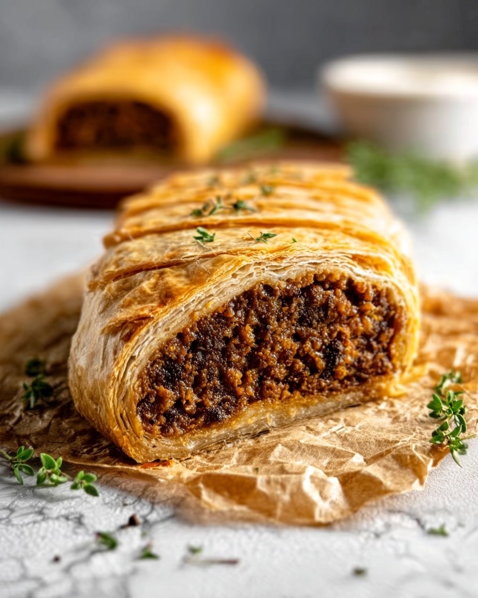 The image shows a sliced pastry roll placed on crumpled parchment paper over a white marbled surface. The roll has a golden-brown, flaky outer crust with visible flaky layers. Inside, there is a dense, dark brown filling that looks moist and finely textured. Small green herb sprigs are placed on the roll and on the surface beside it. In the background, there is a slightly out-of-focus piece of the roll and a white bowl. Photo taken with an iphone --ar 4:5 --v 7