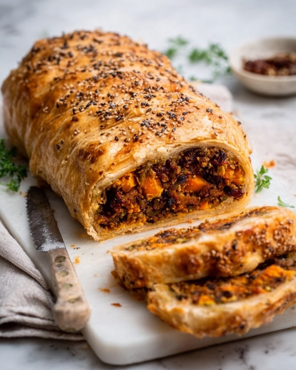 A golden-brown baked loaf with a flaky crust sprinkled with seeds on top is shown on a white cutting board over a white marbled surface. The loaf is cut to reveal two thick layers inside: the outer crust is crispy and light brown, while the filling includes a mix of dark and orange bits, suggesting a vegetable or meat filling with chunks for texture. A woman's hand holds a knife beside the cutting board, ready to cut more slices. Photo taken with an iphone --ar 4:5 --v 7