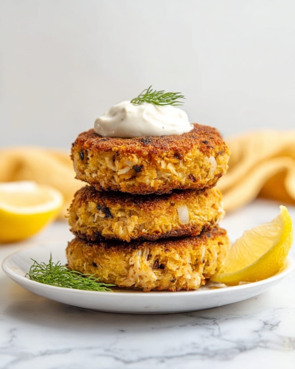 The image shows three golden-brown crab cakes stacked on a small white plate, each layer crispy and textured on the outside with bits of seasoning and herbs visible. The top crab cake is garnished with a smooth dollop of white sauce and a small sprig of green dill. A yellow lemon wedge is placed on the plate next to the crab cakes, adding a pop of color. The plate sits on a white marbled surface with a blurred white background, giving a clean and bright look. A yellow cloth is partially visible on the side. photo taken with an iphone --ar 4:5 --v 7