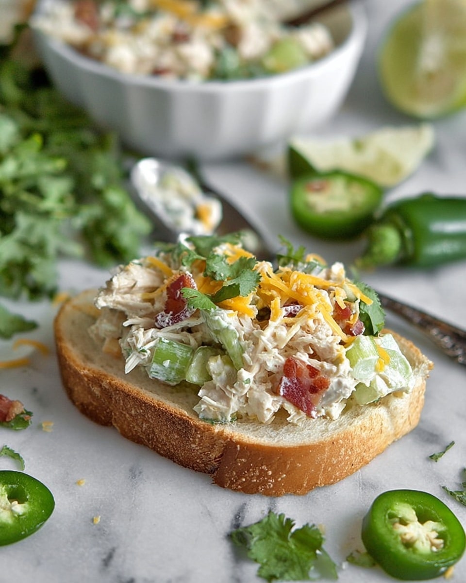 A slice of light brown bread is topped with a mixed salad that has several layers and textures, including white shredded chicken, chunks of light green celery, small pieces of reddish bacon, white creamy dressing, and pale yellow shredded cheese, all piled unevenly. The background is a white marbled surface with sliced bright green jalapeños, a halved lime, fresh cilantro leaves, and a blurred white bowl filled with the same salad, where a silver spoon is placed. Photo taken with an iphone --ar 4:5 --v 7