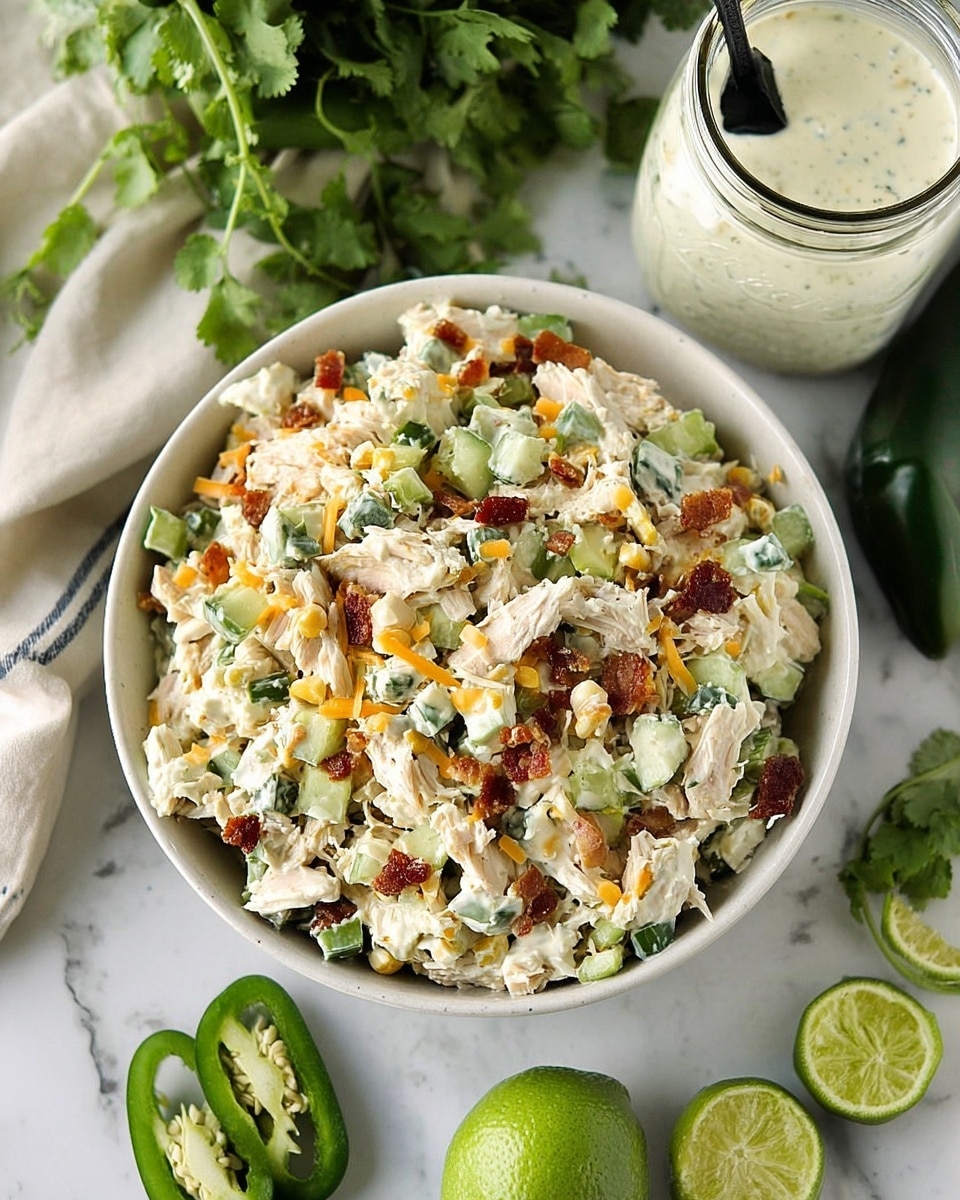A white bowl filled with a chunky salad that has visible layers of shredded pale beige chicken, small green cucumber pieces, light orange shredded cheese, creamy white cottage cheese, and scattered crispy reddish-brown bacon bits mixed throughout. The bowl is placed on a white marbled texture surface along with fresh green cilantro, whole and cut limes, and dark green jalapeño peppers scattered around. In the background, there is a clear jar with creamy white dressing inside, with the black lid beside it, showing some texture on top. photo taken with an iphone --ar 4:5 --v 7
