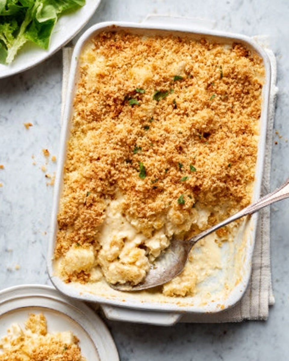 The image shows a baked macaroni and cheese dish in a white oval pan with golden-brown toasted breadcrumb topping. The top layer is crispy and slightly cracked, revealing soft, creamy macaroni underneath. The macaroni is elbow-shaped with a smooth cheesy sauce that looks thick and melted, filling the pan almost fully. The dish sits on a rich dark purple cloth, creating a nice contrast with the white pan and the golden food. There is also a white bowl with a serving of the same dish in the background, showing more creamy pasta and a crunchy top. photo taken with an iphone --ar 4:5 --v 7